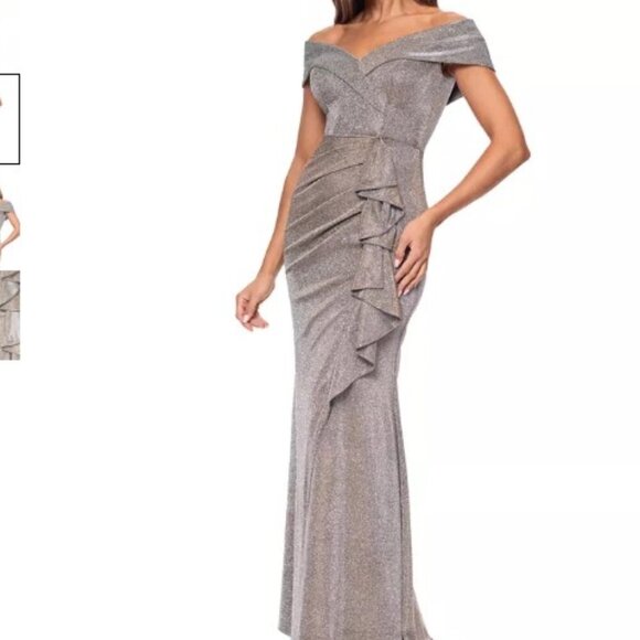Xscape Evenings Metallic Knit Off-Shoulder Cascade Ruffle Gown Size 8 NWOT - Picture 3 of 13